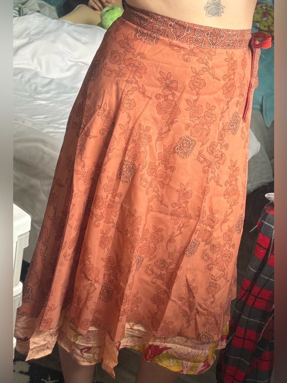 Reversible A-Line Floral Wrap Skirt in Rust Orange